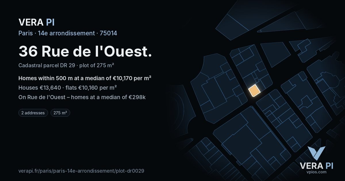 36 Rue de l'Ouest, 14e arrondissement at night – the plot lit, the parcels around coloured by the prices near them