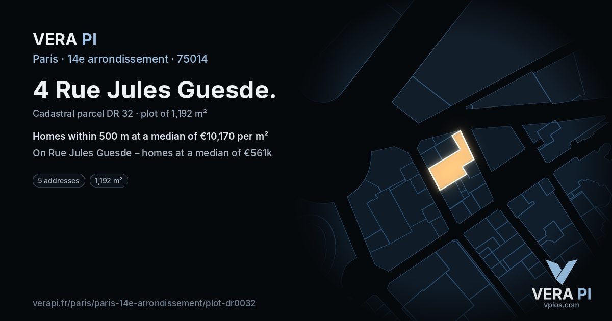 4 Rue Jules Guesde, 14e arrondissement at night – the plot lit, the parcels around coloured by the prices near them