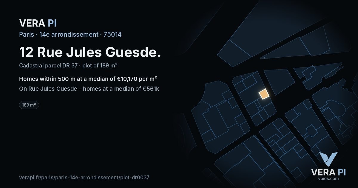 12 Rue Jules Guesde, 14e arrondissement at night – the plot lit, the parcels around coloured by the prices near them