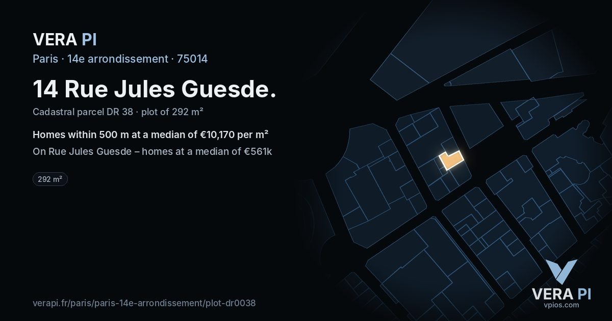 14 Rue Jules Guesde, 14e arrondissement at night – the plot lit, the parcels around coloured by the prices near them