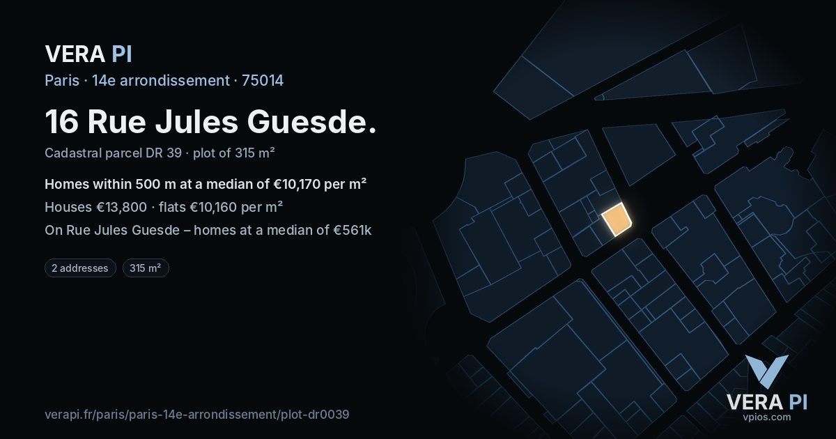 16 Rue Jules Guesde, 14e arrondissement at night – the plot lit, the parcels around coloured by the prices near them