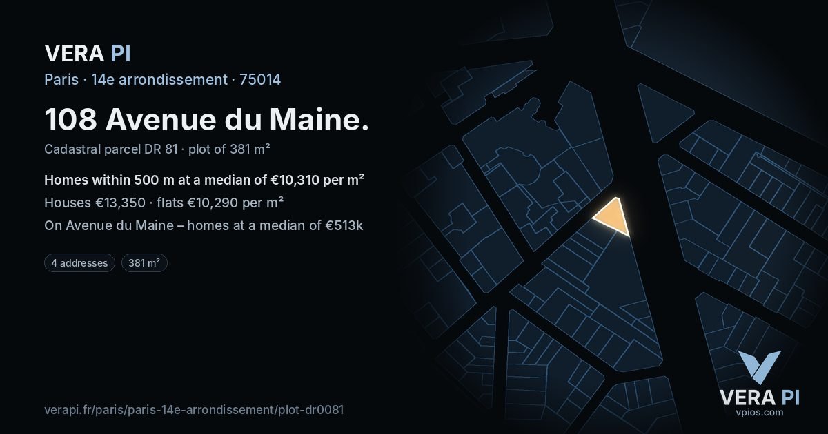 108 Avenue du Maine, 14e arrondissement at night – the plot lit, the parcels around coloured by the prices near them