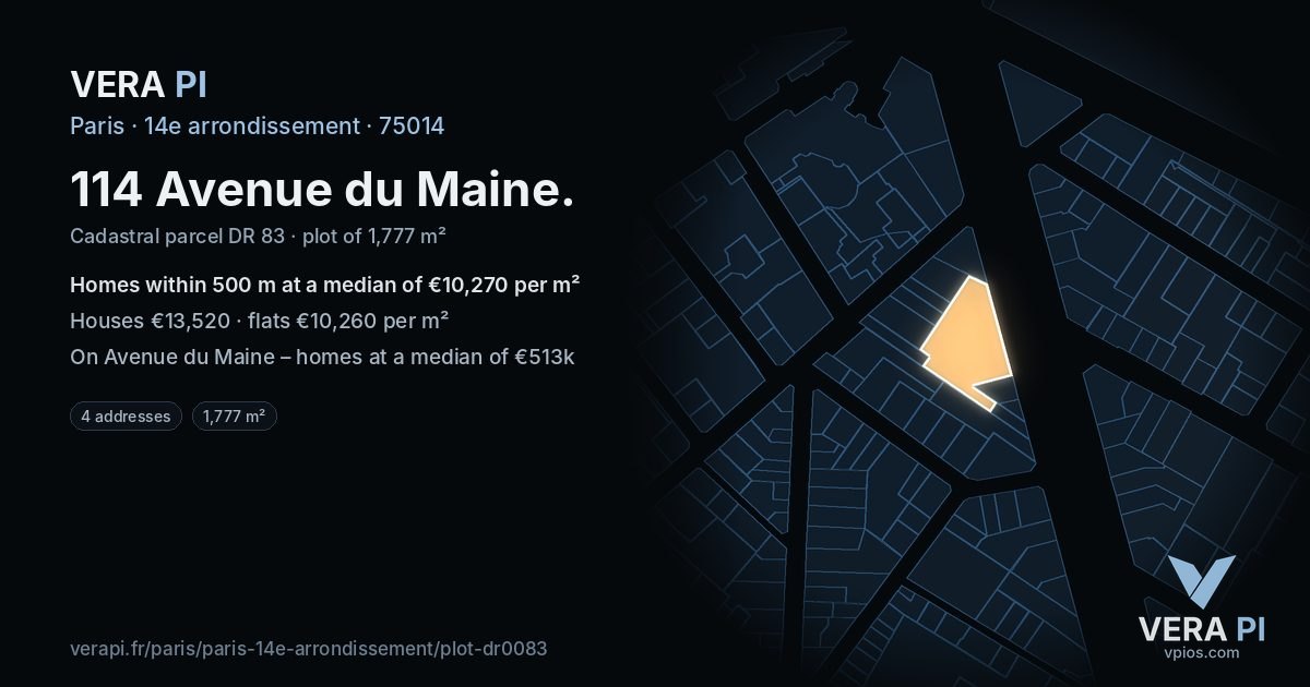 114 Avenue du Maine, 14e arrondissement at night – the plot lit, the parcels around coloured by the prices near them