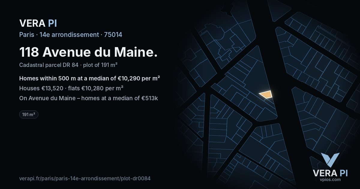 118 Avenue du Maine, 14e arrondissement at night – the plot lit, the parcels around coloured by the prices near them