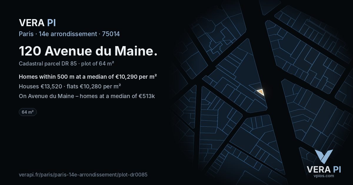 120 Avenue du Maine, 14e arrondissement at night – the plot lit, the parcels around coloured by the prices near them
