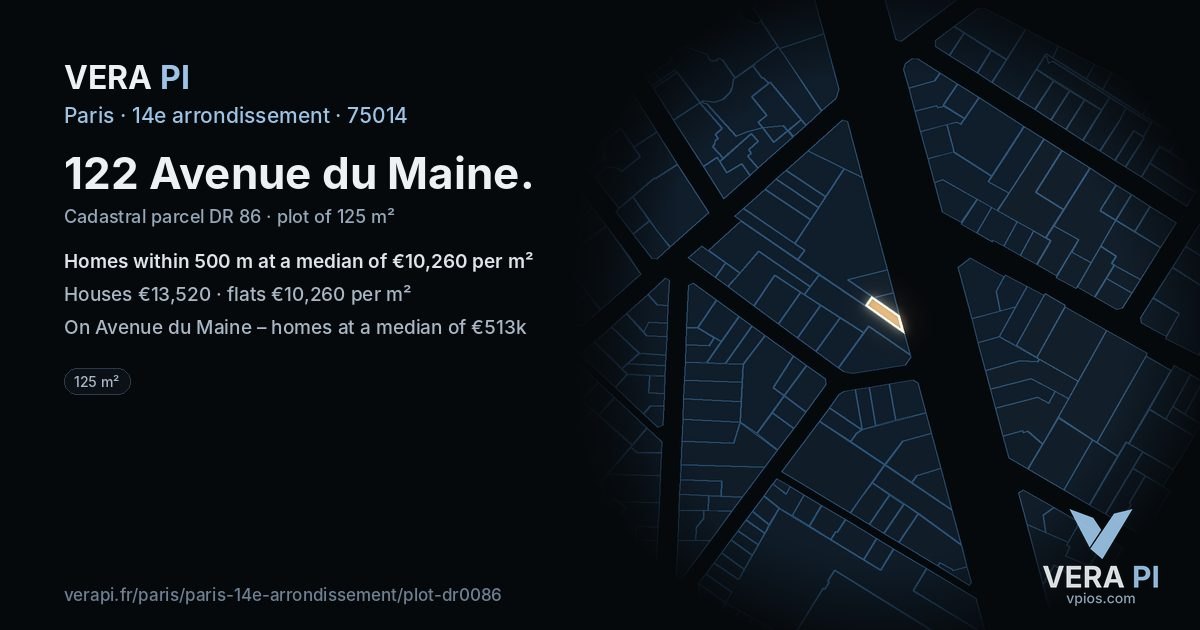 122 Avenue du Maine, 14e arrondissement at night – the plot lit, the parcels around coloured by the prices near them
