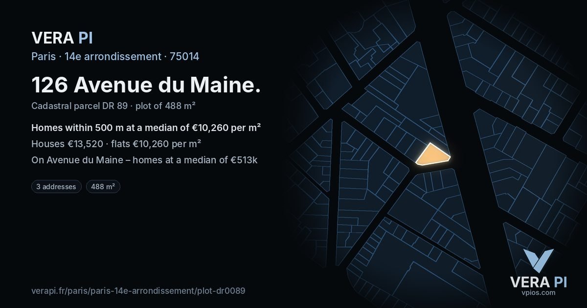 126 Avenue du Maine, 14e arrondissement at night – the plot lit, the parcels around coloured by the prices near them
