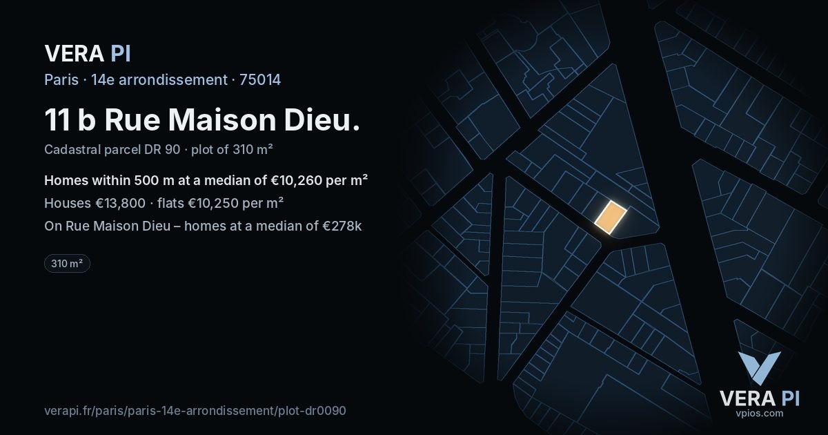 11 b Rue Maison Dieu, 14e arrondissement at night – the plot lit, the parcels around coloured by the prices near them