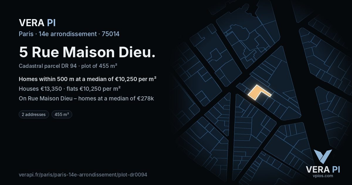5 Rue Maison Dieu, 14e arrondissement at night – the plot lit, the parcels around coloured by the prices near them