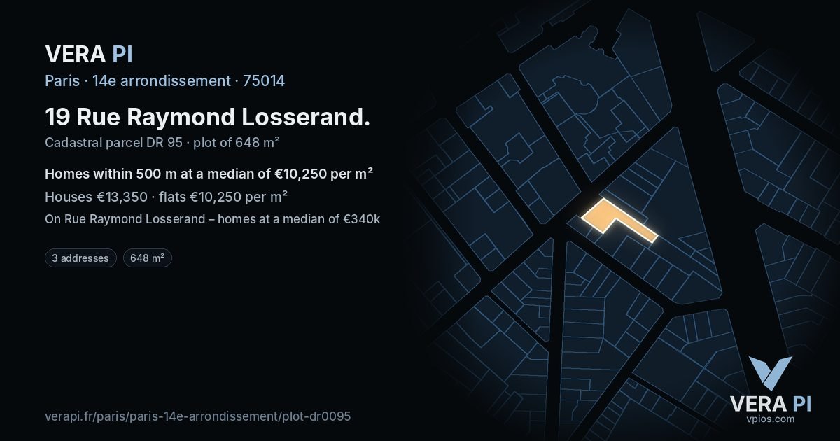 19 Rue Raymond Losserand, 14e arrondissement at night – the plot lit, the parcels around coloured by the prices near them