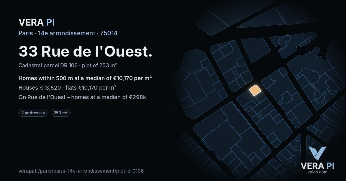 33 Rue de l'Ouest, 14e arrondissement at night – the plot lit, the parcels around coloured by the prices near them
