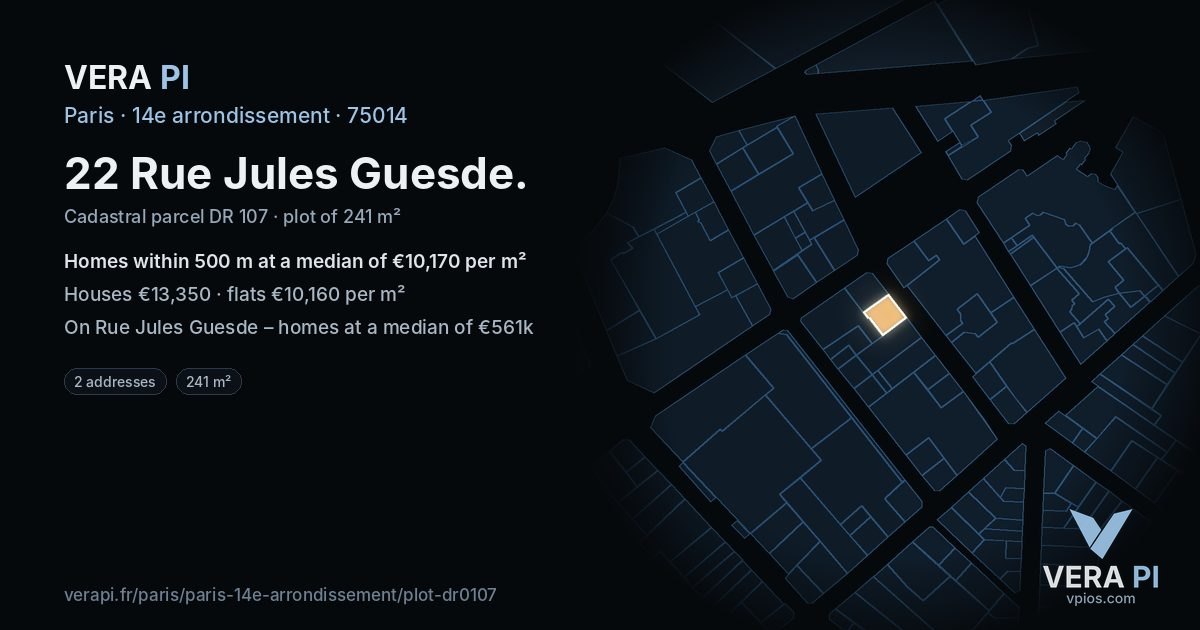 22 Rue Jules Guesde, 14e arrondissement at night – the plot lit, the parcels around coloured by the prices near them