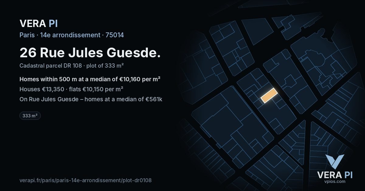 26 Rue Jules Guesde, 14e arrondissement at night – the plot lit, the parcels around coloured by the prices near them