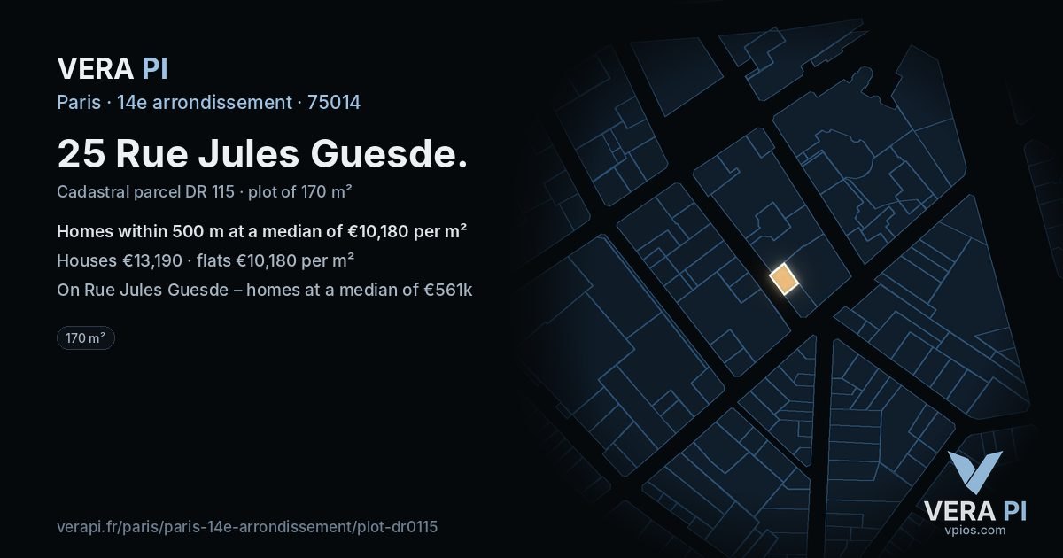 25 Rue Jules Guesde, 14e arrondissement at night – the plot lit, the parcels around coloured by the prices near them