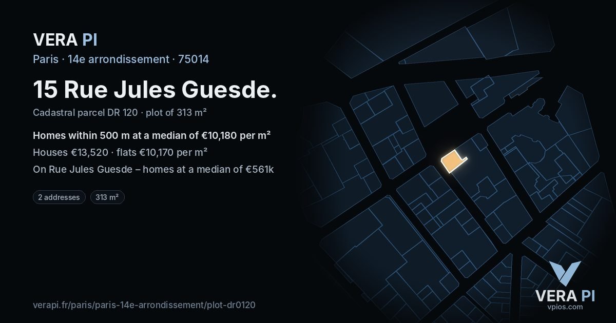 15 Rue Jules Guesde, 14e arrondissement at night – the plot lit, the parcels around coloured by the prices near them