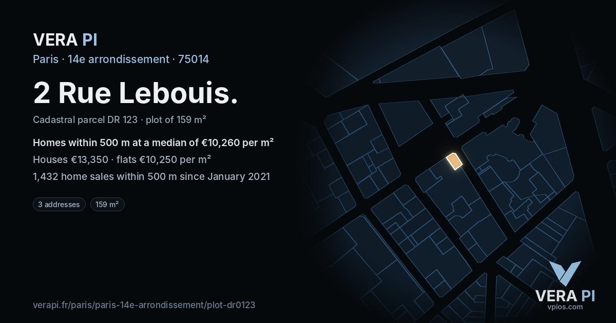 2 Rue Lebouis, 14e arrondissement at night – the plot lit, the parcels around coloured by the prices near them