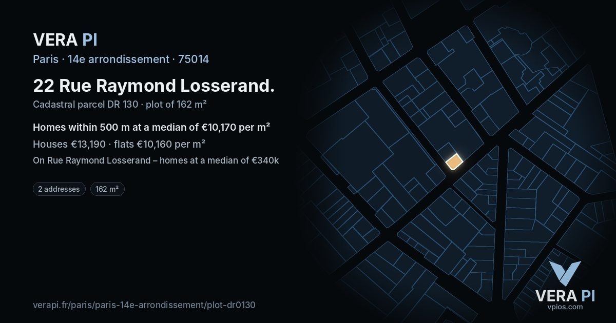 22 Rue Raymond Losserand, 14e arrondissement at night – the plot lit, the parcels around coloured by the prices near them