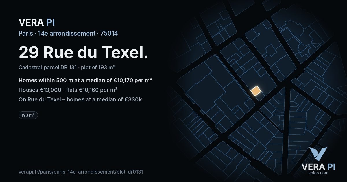 29 Rue du Texel, 14e arrondissement at night – the plot lit, the parcels around coloured by the prices near them