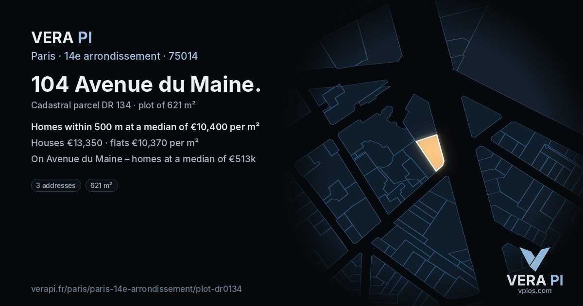 104 Avenue du Maine, 14e arrondissement at night – the plot lit, the parcels around coloured by the prices near them