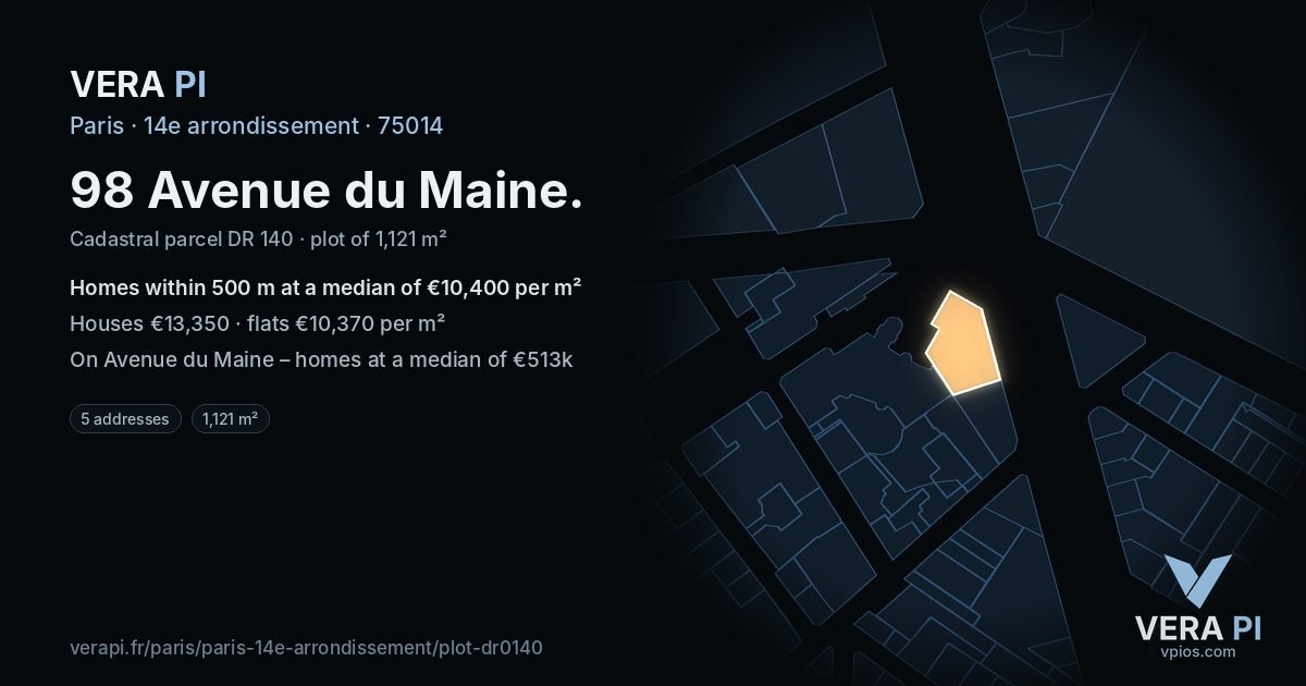 98 Avenue du Maine, 14e arrondissement at night – the plot lit, the parcels around coloured by the prices near them