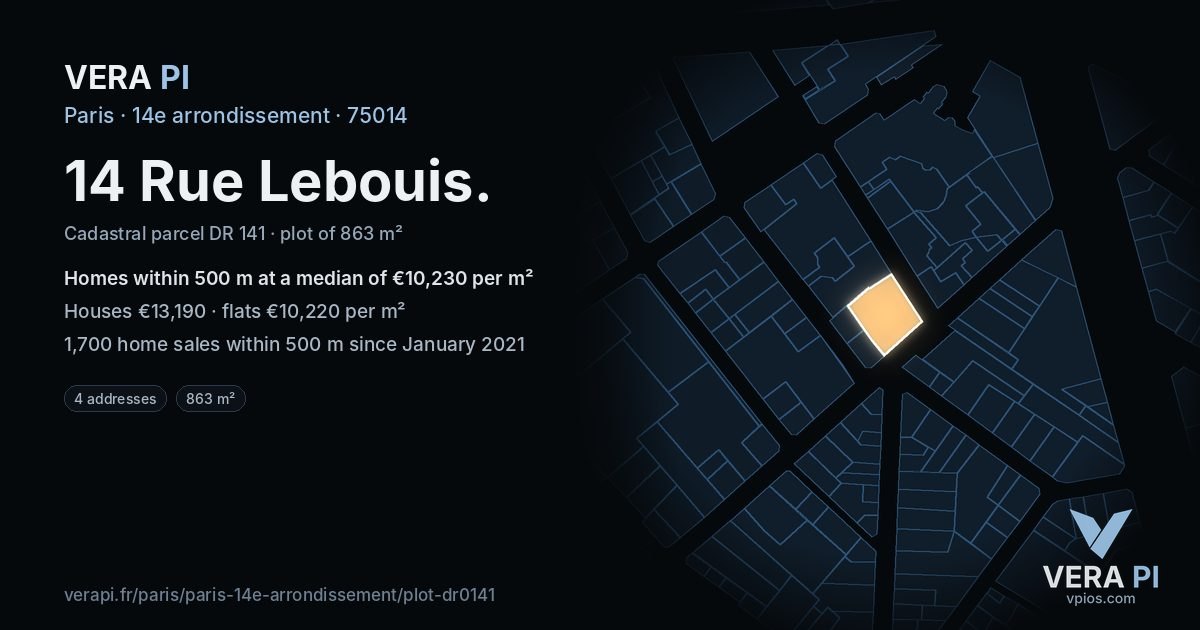 14 Rue Lebouis, 14e arrondissement at night – the plot lit, the parcels around coloured by the prices near them