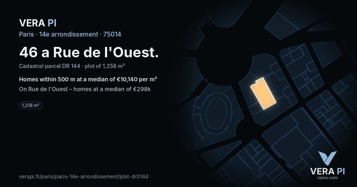 46 a Rue de l'Ouest, 14e arrondissement at night – the plot lit, the parcels around coloured by the prices near them