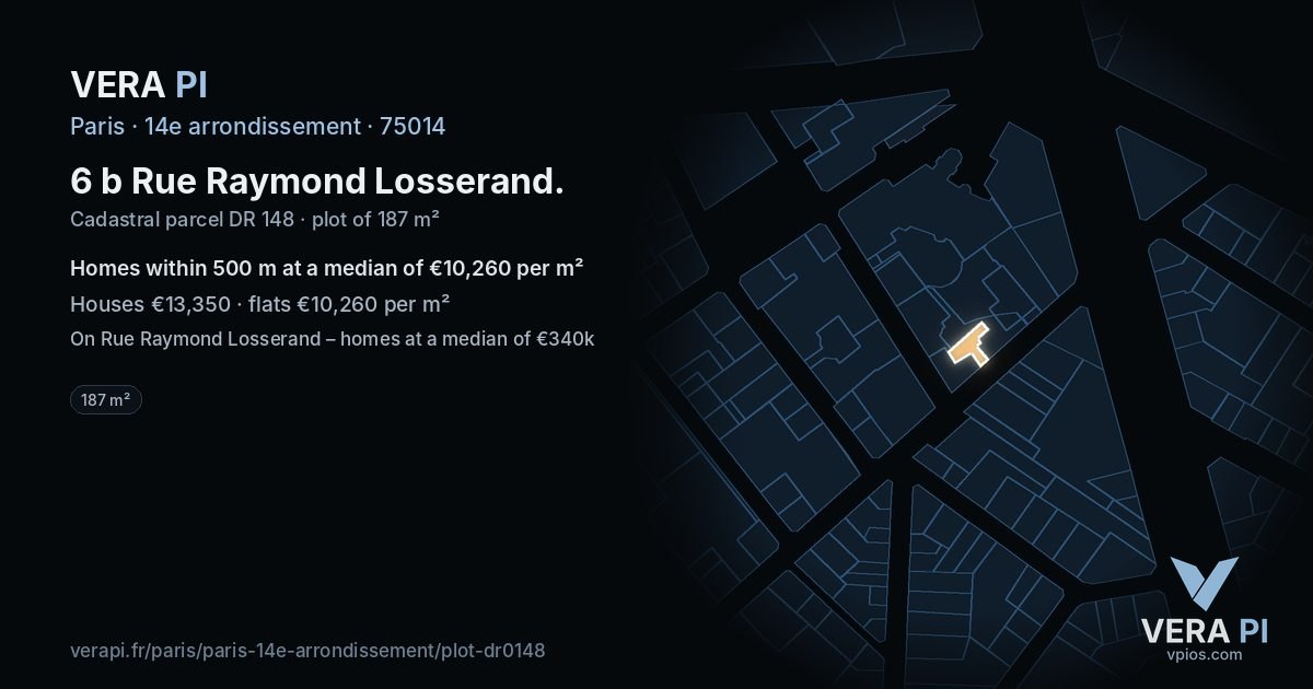 6 b Rue Raymond Losserand, 14e arrondissement at night – the plot lit, the parcels around coloured by the prices near them