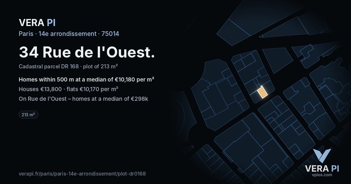 34 Rue de l'Ouest, 14e arrondissement at night – the plot lit, the parcels around coloured by the prices near them