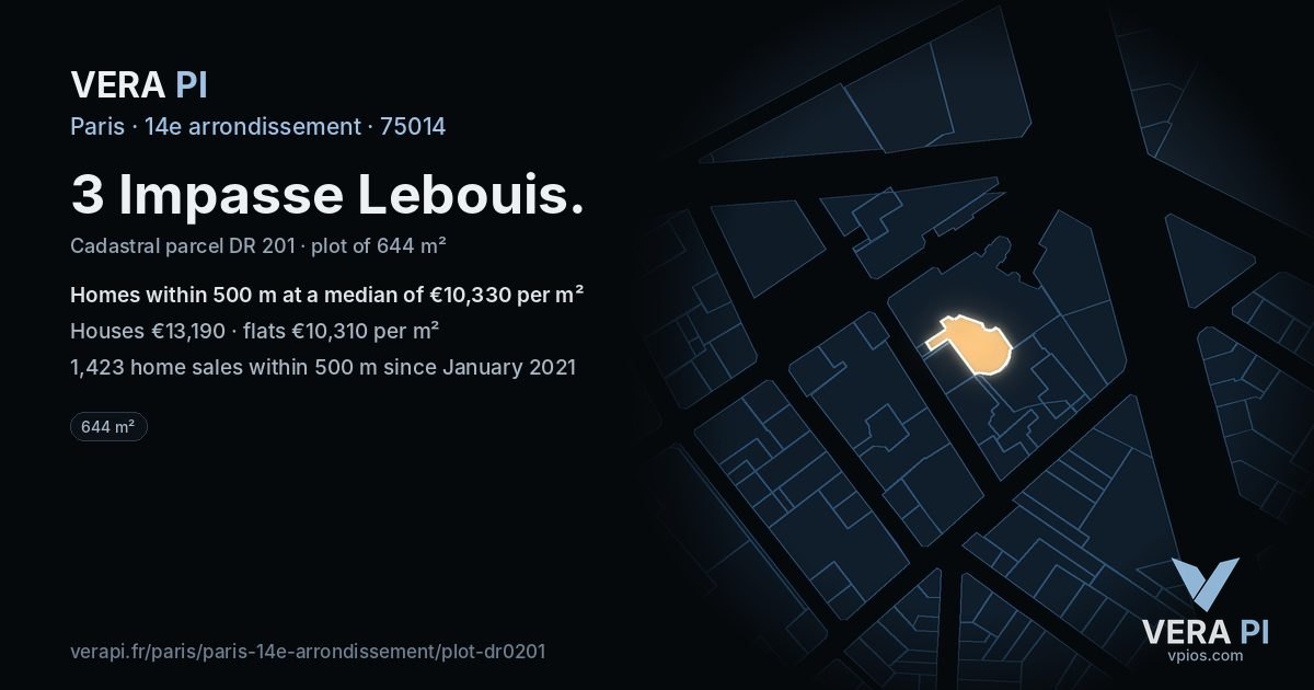 3 Impasse Lebouis, 14e arrondissement at night – the plot lit, the parcels around coloured by the prices near them