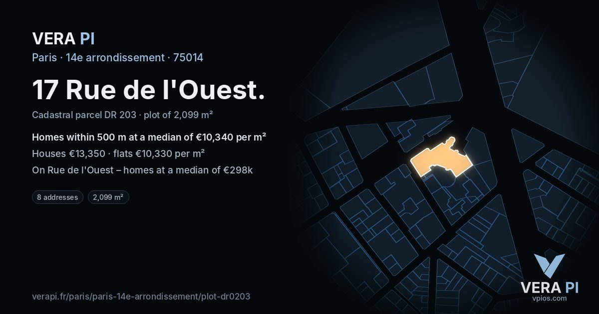 17 Rue de l'Ouest, 14e arrondissement at night – the plot lit, the parcels around coloured by the prices near them