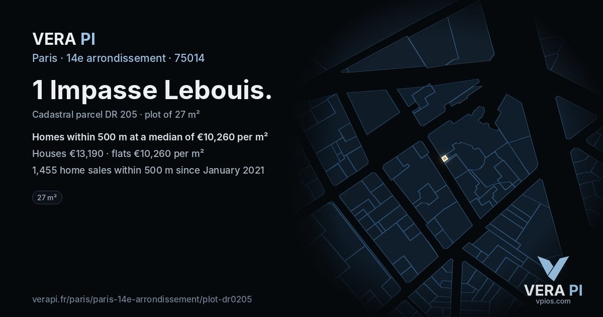 1 Impasse Lebouis, 14e arrondissement at night – the plot lit, the parcels around coloured by the prices near them