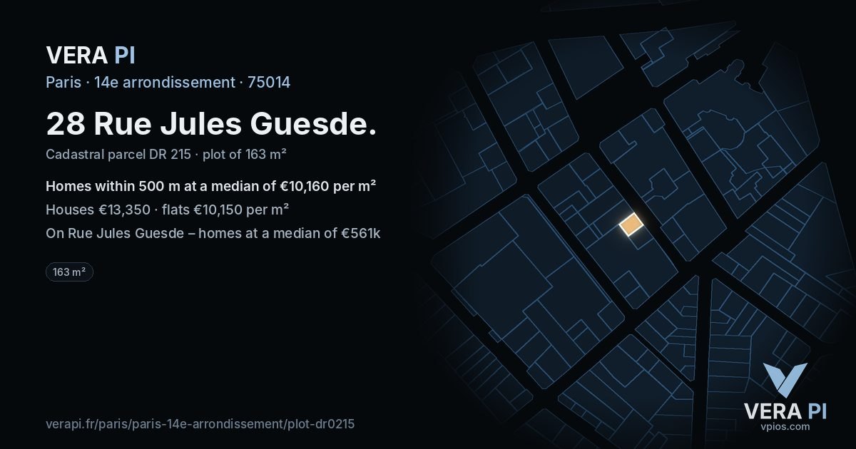 28 Rue Jules Guesde, 14e arrondissement at night – the plot lit, the parcels around coloured by the prices near them