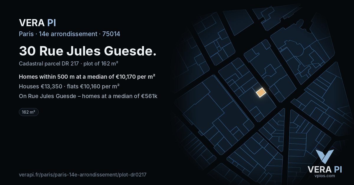 30 Rue Jules Guesde, 14e arrondissement at night – the plot lit, the parcels around coloured by the prices near them
