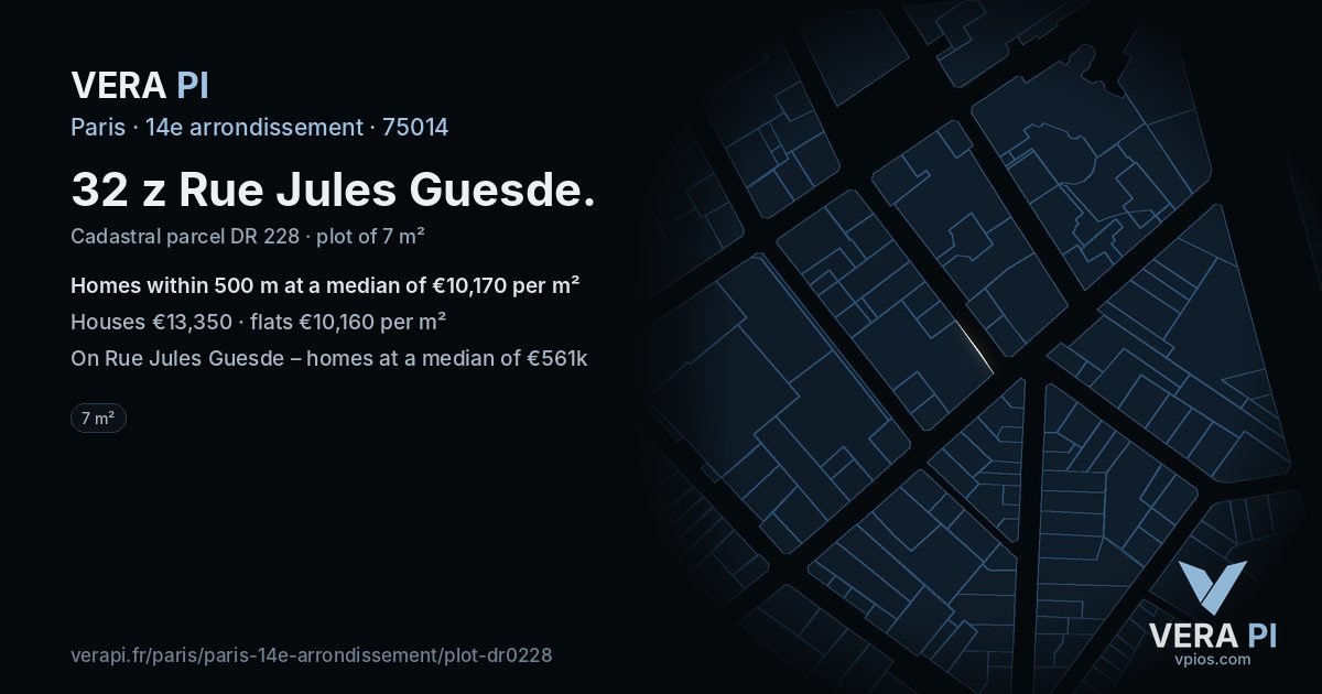 32 z Rue Jules Guesde, 14e arrondissement at night – the plot lit, the parcels around coloured by the prices near them