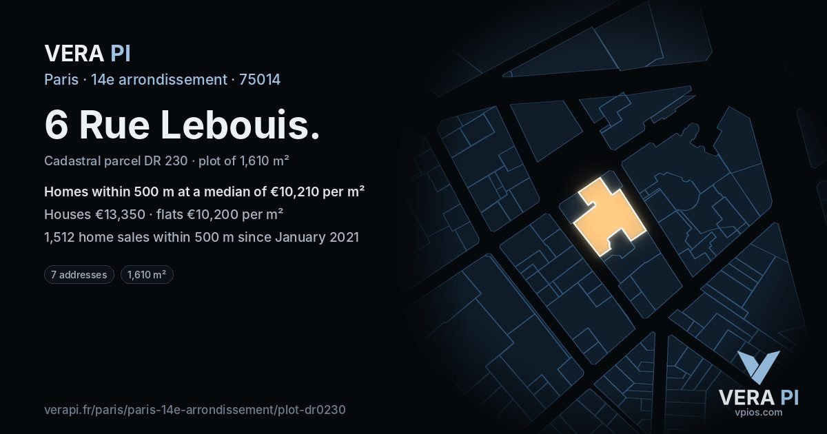 6 Rue Lebouis, 14e arrondissement at night – the plot lit, the parcels around coloured by the prices near them