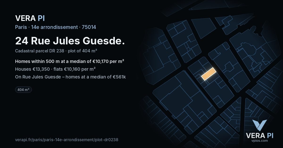 24 Rue Jules Guesde, 14e arrondissement at night – the plot lit, the parcels around coloured by the prices near them