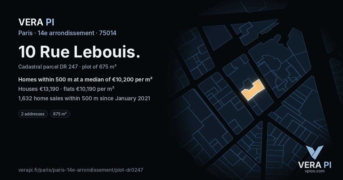 10 Rue Lebouis, 14e arrondissement at night – the plot lit, the parcels around coloured by the prices near them