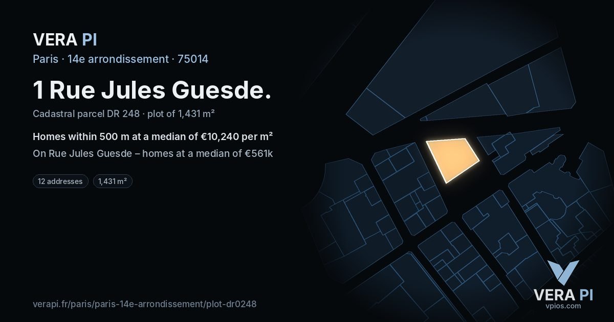 1 Rue Jules Guesde, 14e arrondissement at night – the plot lit, the parcels around coloured by the prices near them