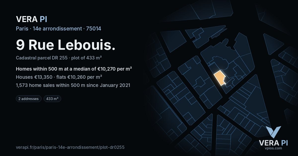 9 Rue Lebouis, 14e arrondissement at night – the plot lit, the parcels around coloured by the prices near them