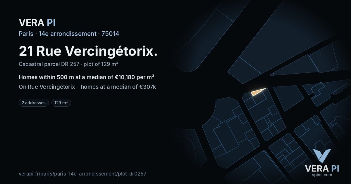 21 Rue Vercingétorix, 14e arrondissement at night – the plot lit, the parcels around coloured by the prices near them
