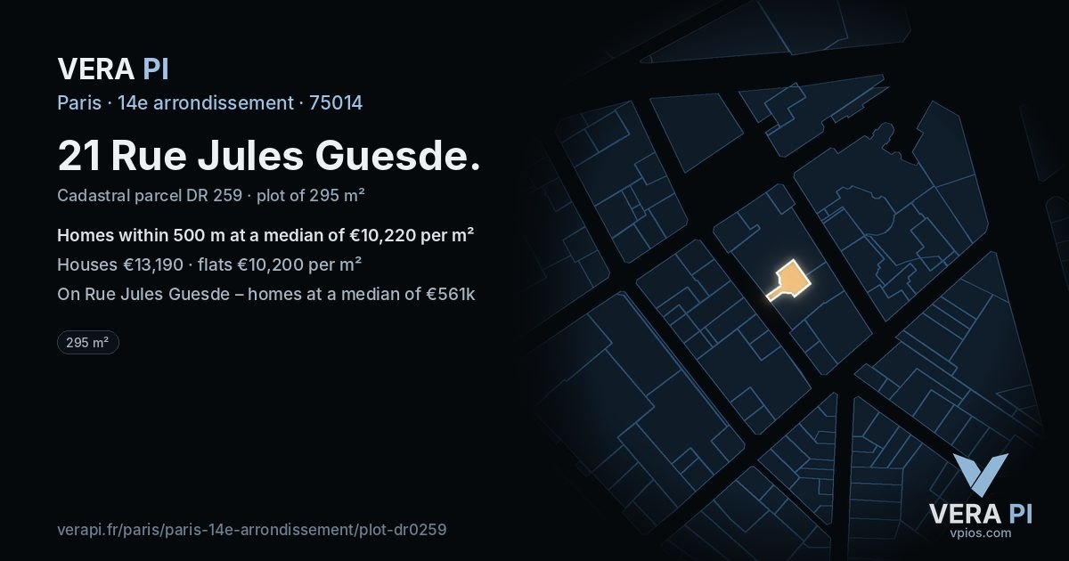 21 Rue Jules Guesde, 14e arrondissement at night – the plot lit, the parcels around coloured by the prices near them