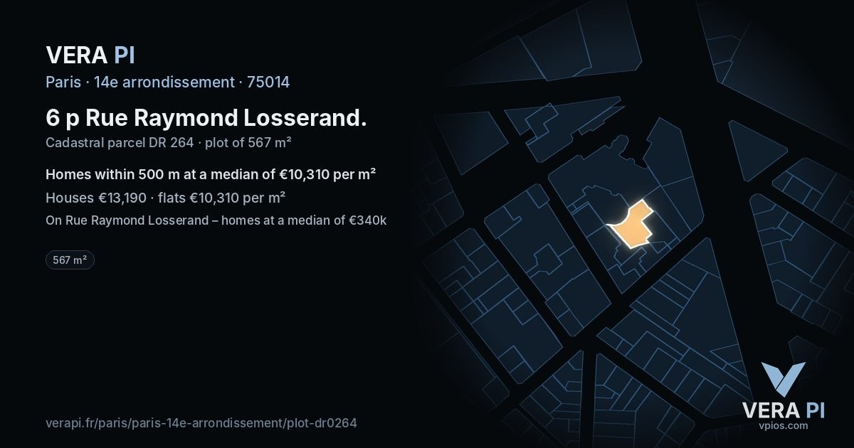 6 p Rue Raymond Losserand, 14e arrondissement at night – the plot lit, the parcels around coloured by the prices near them