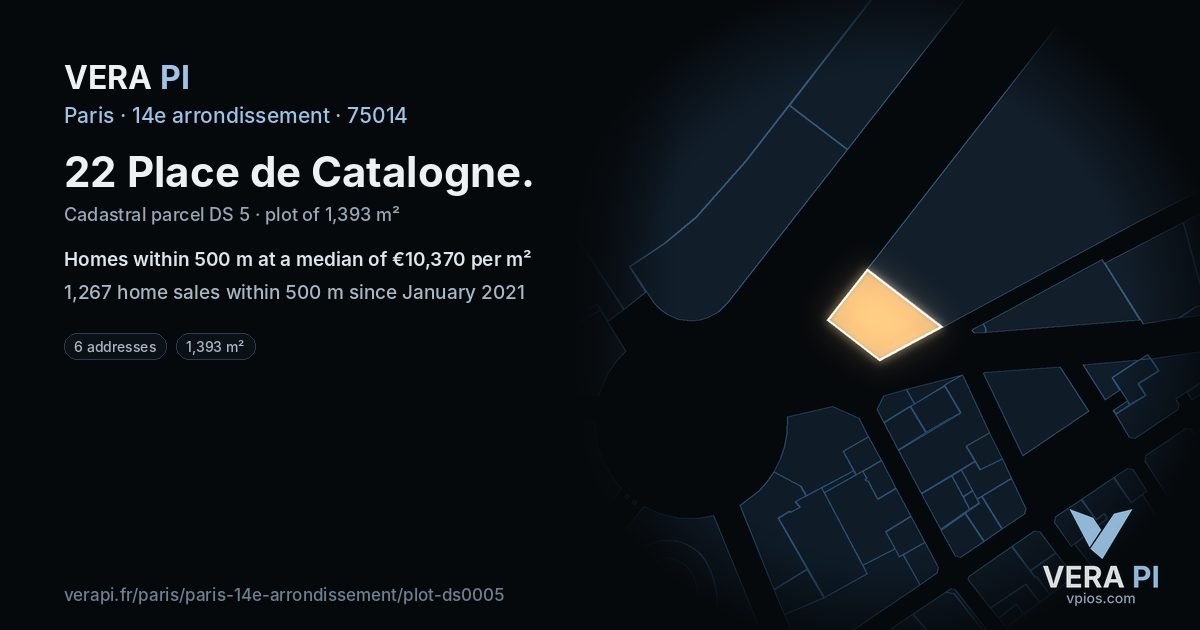 22 Place de Catalogne, 14e arrondissement at night – the plot lit, the parcels around coloured by the prices near them