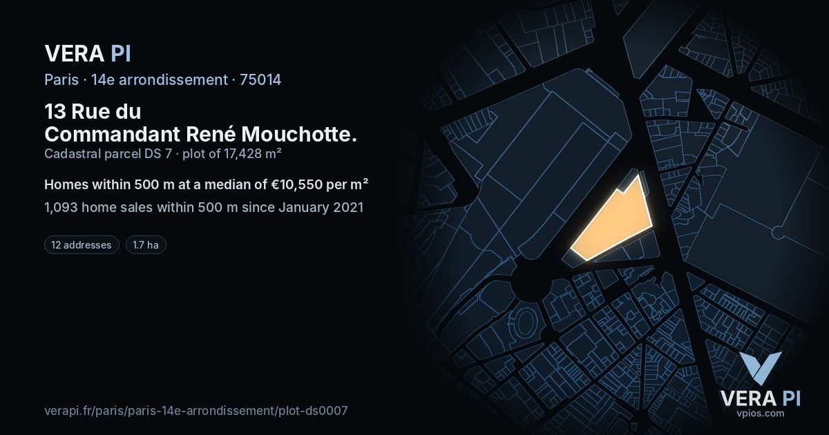 13 Rue du Commandant René Mouchotte, 14e arrondissement at night – the plot lit, the parcels around coloured by the prices near them