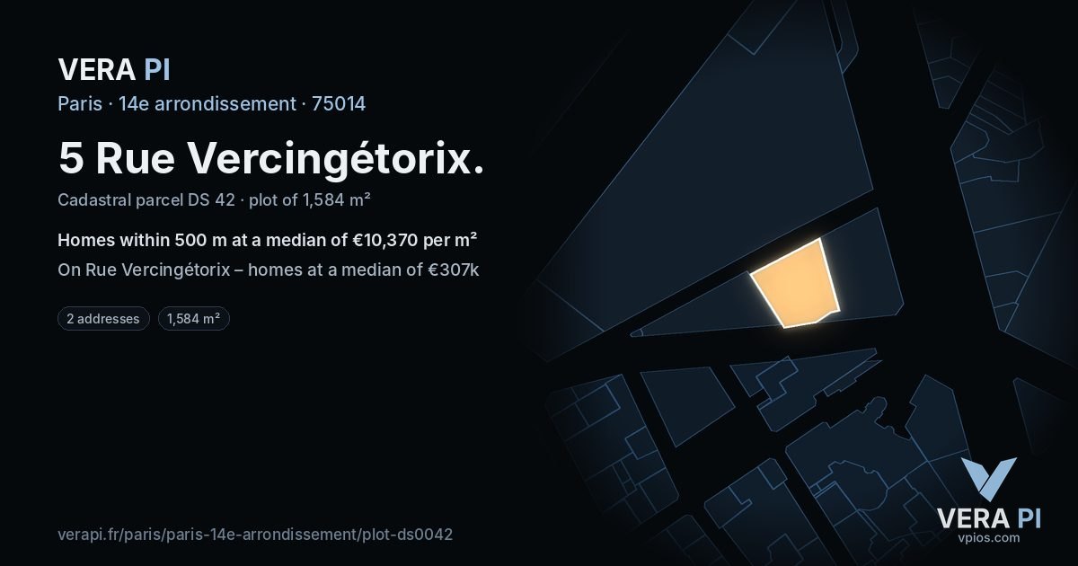 5 Rue Vercingétorix, 14e arrondissement at night – the plot lit, the parcels around coloured by the prices near them