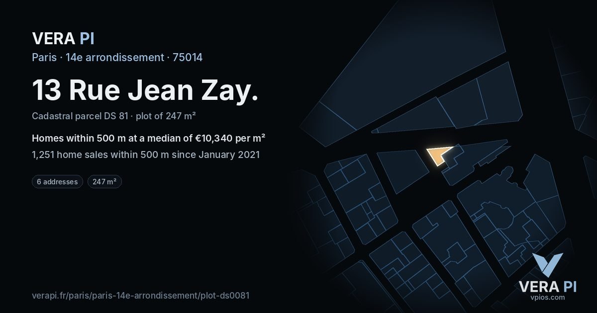 13 Rue Jean Zay, 14e arrondissement at night – the plot lit, the parcels around coloured by the prices near them