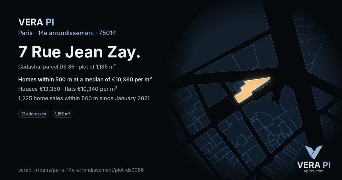 7 Rue Jean Zay, 14e arrondissement at night – the plot lit, the parcels around coloured by the prices near them