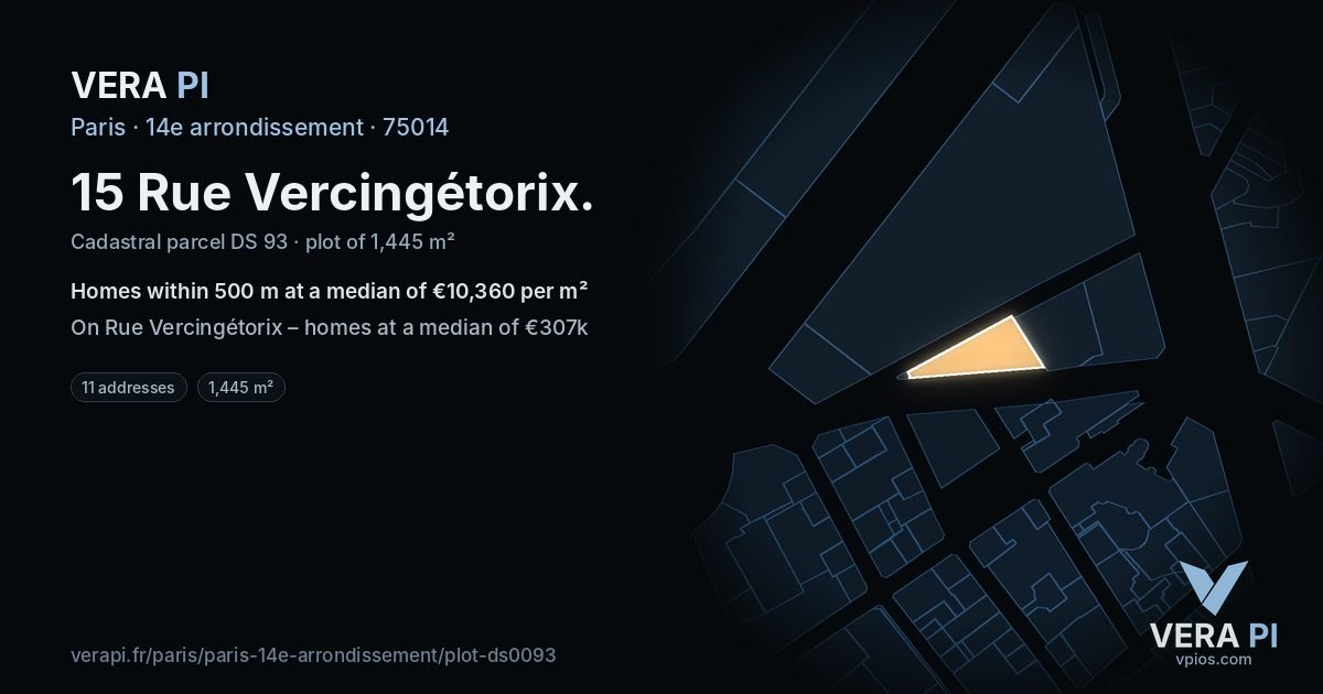 15 Rue Vercingétorix, 14e arrondissement at night – the plot lit, the parcels around coloured by the prices near them