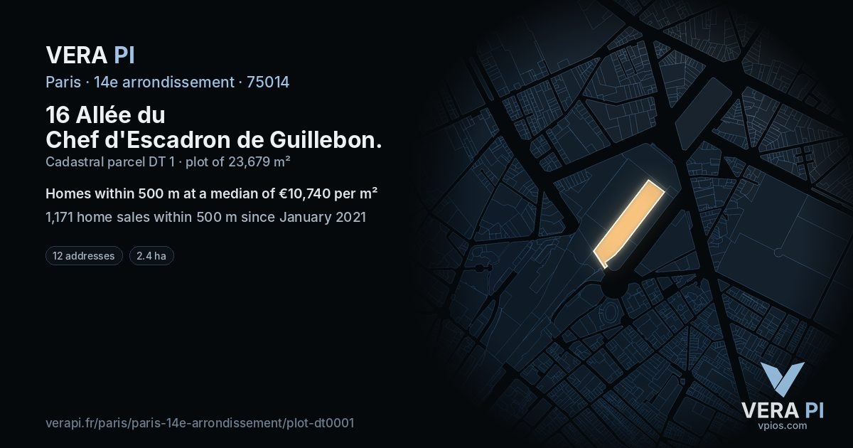 16 Allée du Chef d'Escadron de Guillebon, 14e arrondissement at night – the plot lit, the parcels around coloured by the prices near them