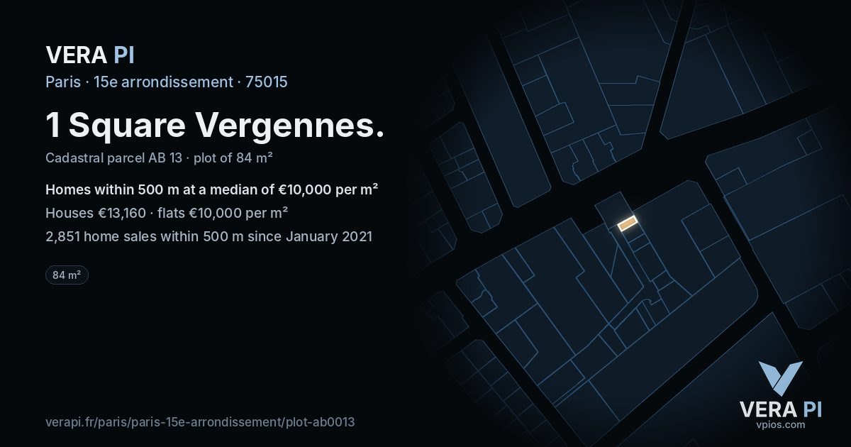 1 Square Vergennes, 15e arrondissement at night – the plot lit, the parcels around coloured by the prices near them